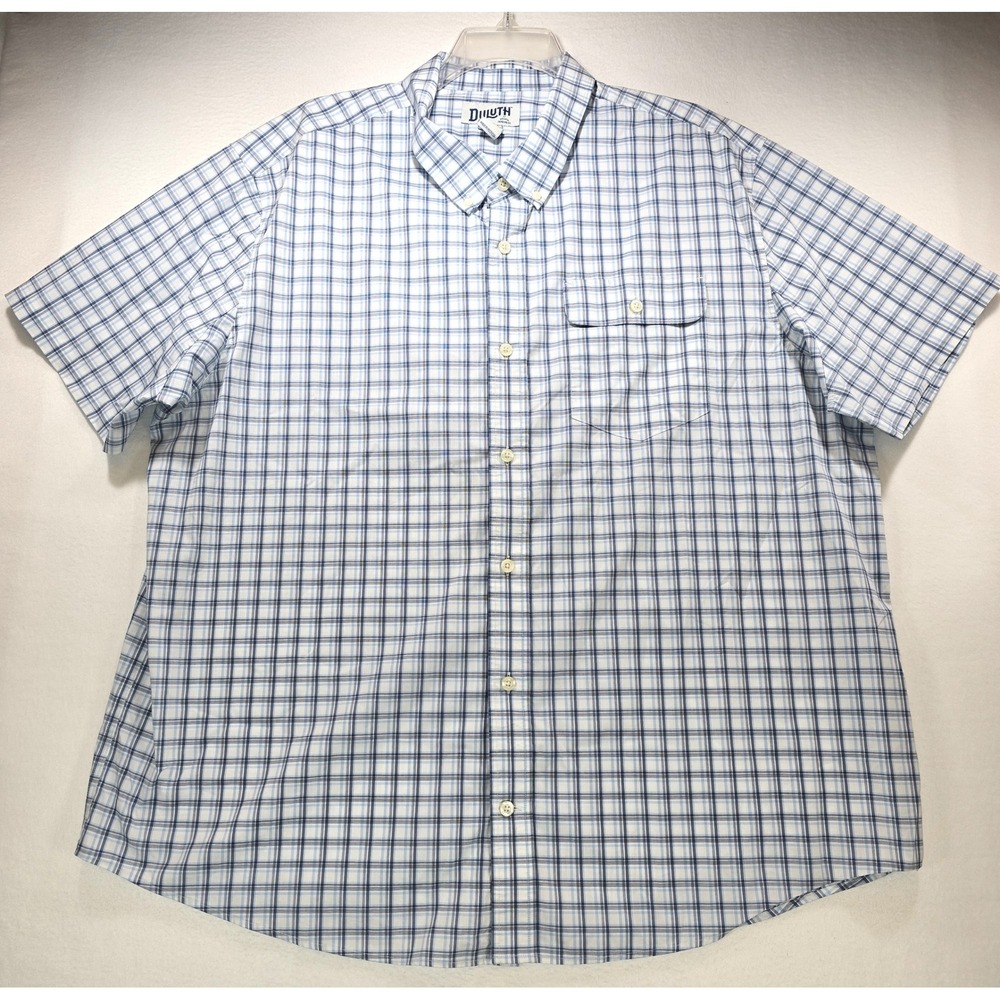 Duluth Trading Co Mens 2XL Relaxed Fit Blue White Plaid Short Sleeve Shirt 38919